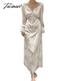 Tavimart Silk Nightgown Victorian Style Princess Sleepwear Long Woman Floral Print Summer Sleeve