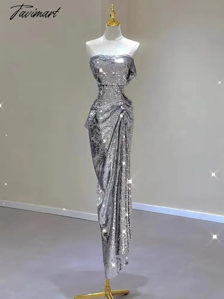 Tavimart - Silver Shiny Cocktail Dresses Strapless Ruched Sleeveless Mermaid Sequins Light Luxury