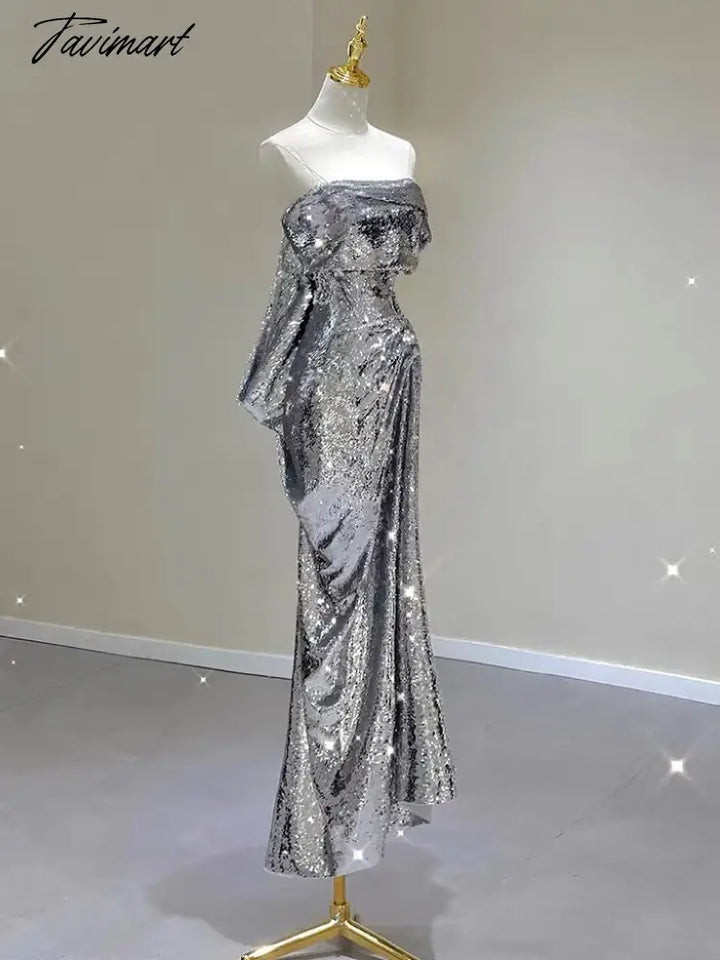 Tavimart - Silver Shiny Cocktail Dresses Strapless Ruched Sleeveless Mermaid Sequins Light Luxury