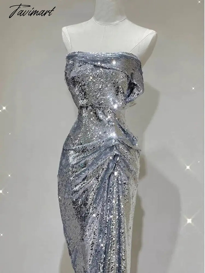 Tavimart - Silver Shiny Cocktail Dresses Strapless Ruched Sleeveless Mermaid Sequins Light Luxury