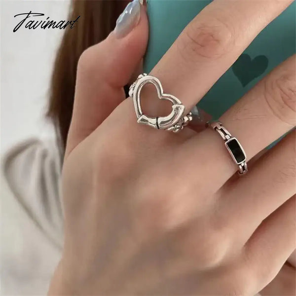 Tavimart Simple Hollow Love Black Sawtooth Rings For Women Hip Hop Trend Open Index Finger Ring