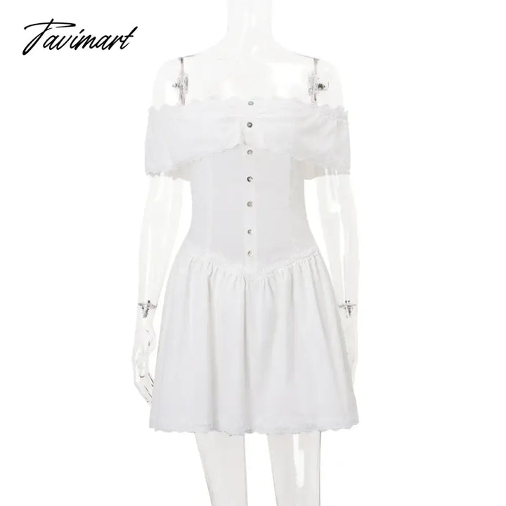 Tavimart - Single-Breasted Slash Neck White Dresses Summer Sexy A Line Party Mini Dress Women