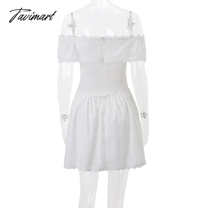 Tavimart - Single-Breasted Slash Neck White Dresses Summer Sexy A Line Party Mini Dress Women