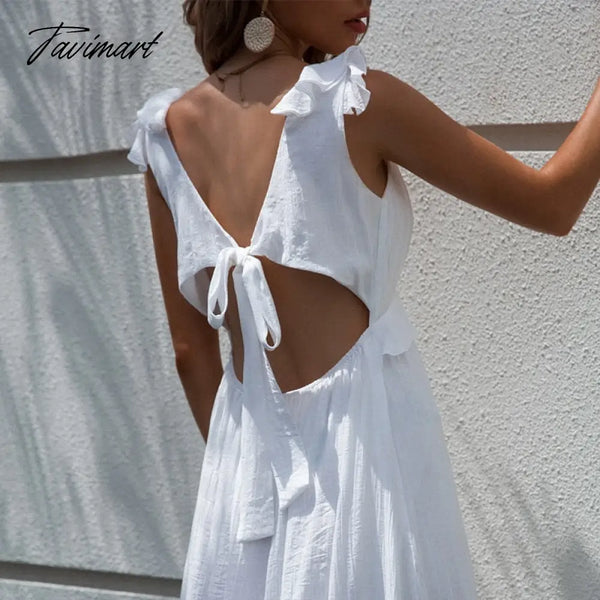 Tavimart Skinny Hem Slit Sling Dresses Women Summer New Chic Solid V - Neck Sexy Backless Bow