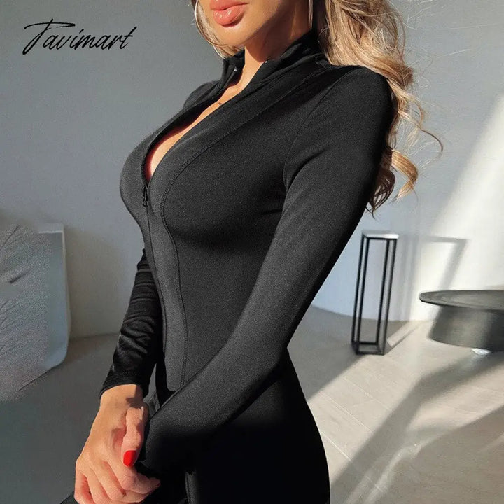 Tavimart Skinny Sport Jumpsuit Women Casual White Long Sleeve Bodycon One Pieces Sexy Club Outfits