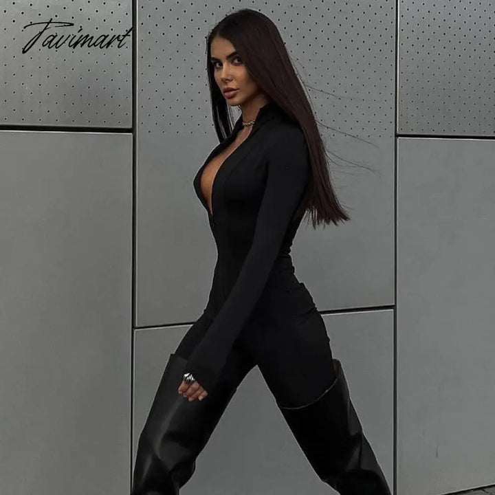 Tavimart Skinny Sport Jumpsuit Women Casual White Long Sleeve Bodycon One Pieces Sexy Club Outfits