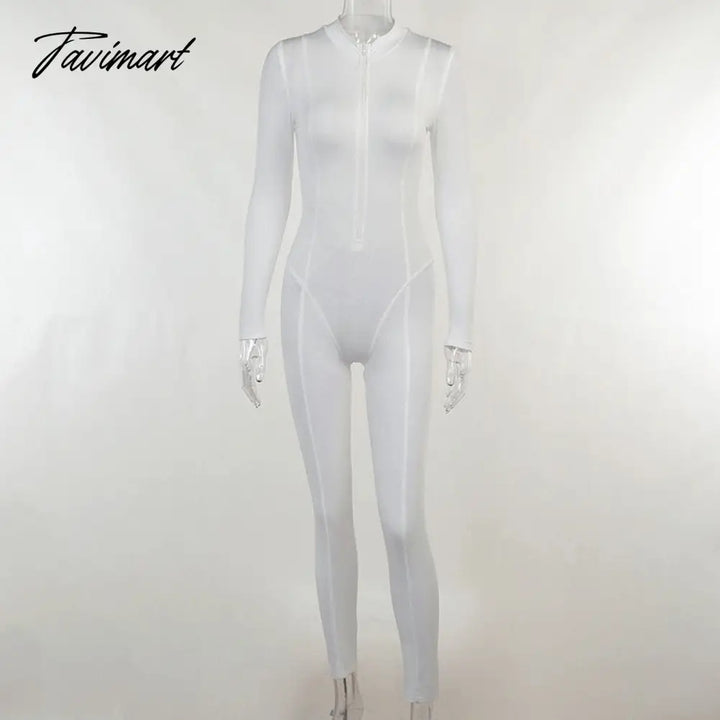 Tavimart Skinny Sport Jumpsuit Women Casual White Long Sleeve Bodycon One Pieces Sexy Club Outfits