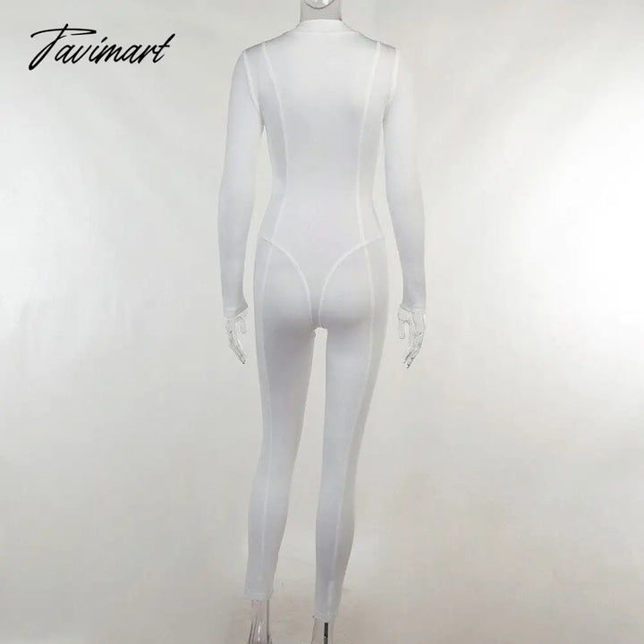 Tavimart Skinny Sport Jumpsuit Women Casual White Long Sleeve Bodycon One Pieces Sexy Club Outfits