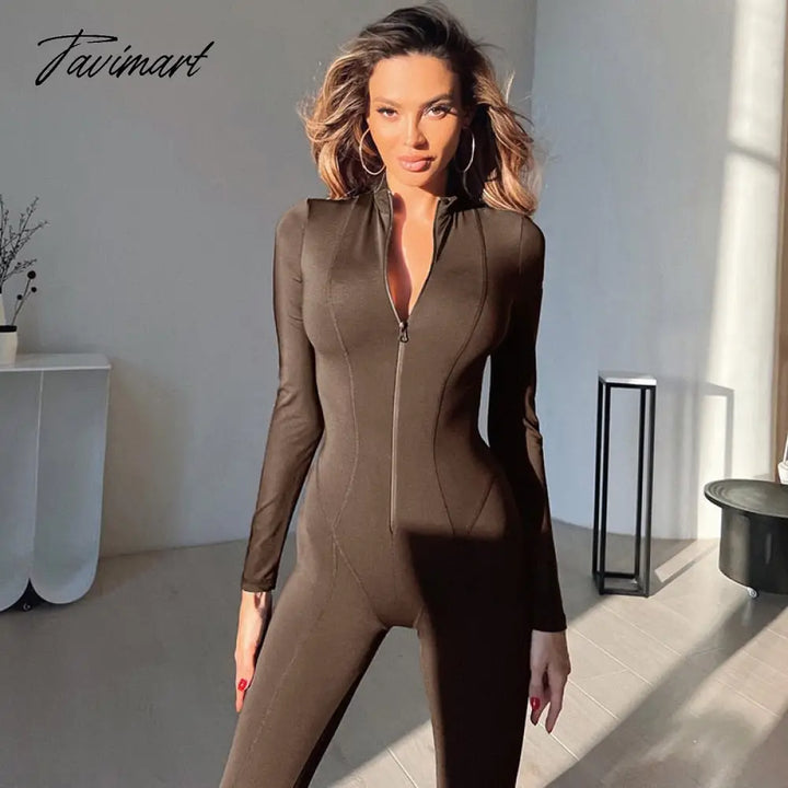 Tavimart Skinny Sport Jumpsuit Women Casual White Long Sleeve Bodycon One Pieces Sexy Club Outfits