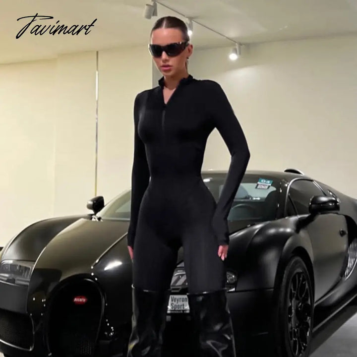 Tavimart Skinny Sport Jumpsuit Women Casual White Long Sleeve Bodycon One Pieces Sexy Club Outfits