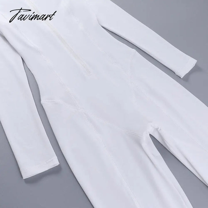 Tavimart Skinny Sport Jumpsuit Women Casual White Long Sleeve Bodycon One Pieces Sexy Club Outfits