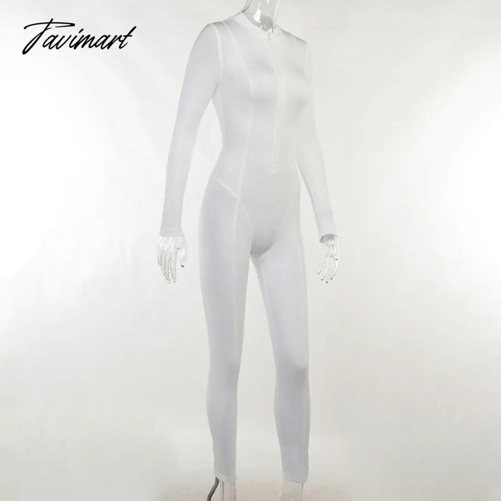 Tavimart Skinny Sport Jumpsuit Women Casual White Long Sleeve Bodycon One Pieces Sexy Club Outfits