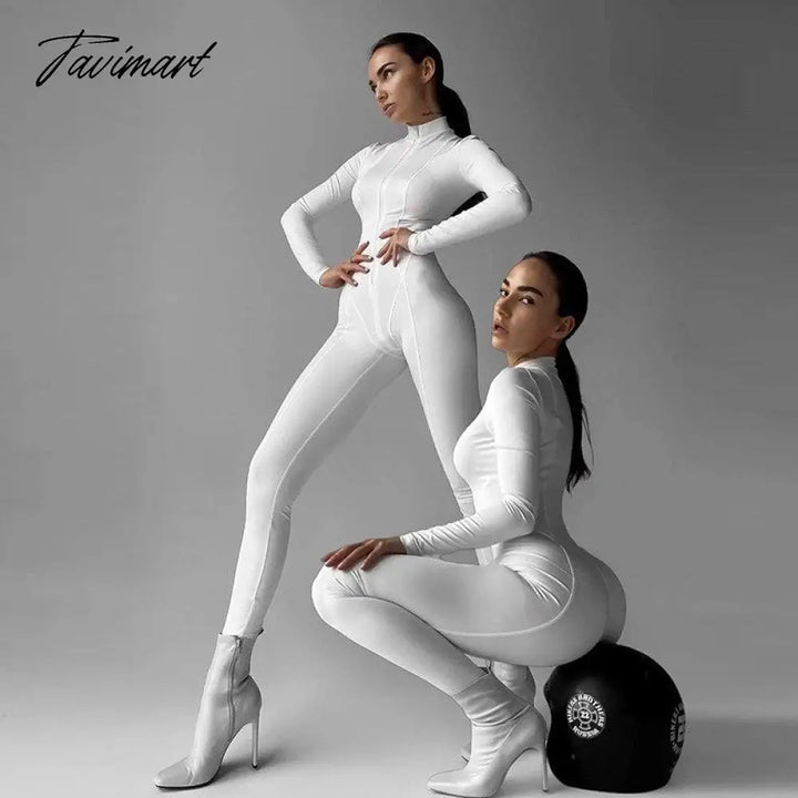 Tavimart Skinny Sport Jumpsuit Women Casual White Long Sleeve Bodycon One Pieces Sexy Club Outfits