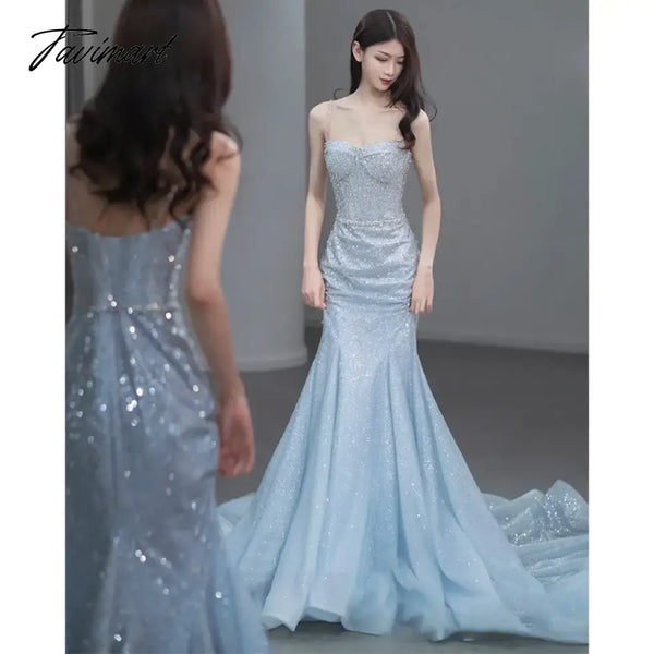 Tavimart - Sky Blue Celebrity Dress Spaghetti Strap Woman Sequins Mermaid Chapel Train Beading