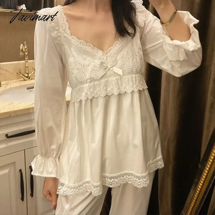 Tavimart Sleepwear Cotton Vintage Clothes Lace Pajamas Women Room Wear Pyjama Pour Femme Princess