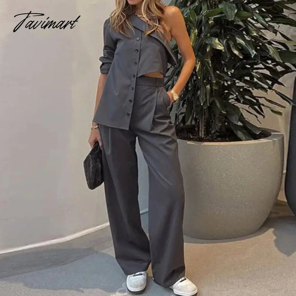 Tavimart Slim One Shoulder Shirt Button Top Women Sets Summer Solid Irregular 2 Pc Outfit Lady