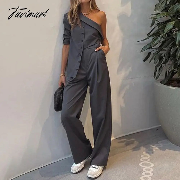 Tavimart Slim One Shoulder Shirt Button Top Women Sets Summer Solid Irregular 2 Pc Outfit Lady