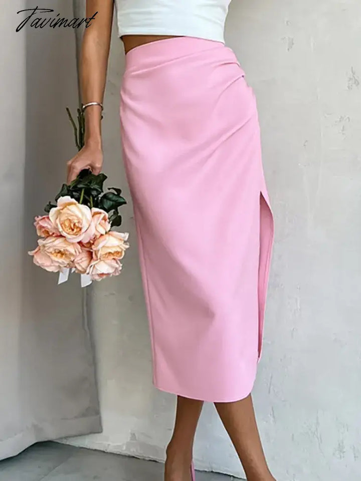 Tavimart Slit Pink Skirt For Women High Waist Aesthetic Faldas Escocesas De Mujer Slimfit Hot