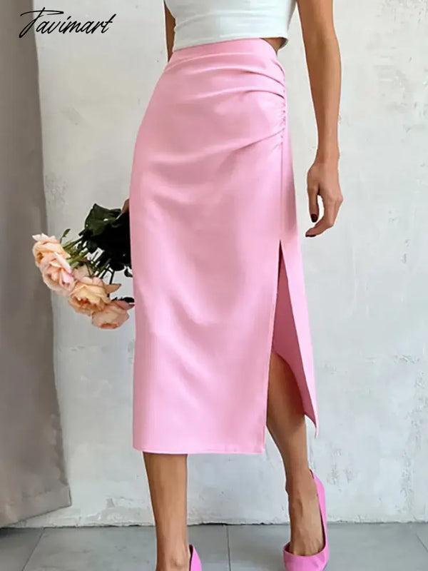 Tavimart Slit Pink Skirt For Women High Waist Aesthetic Faldas Escocesas De Mujer Slimfit Hot