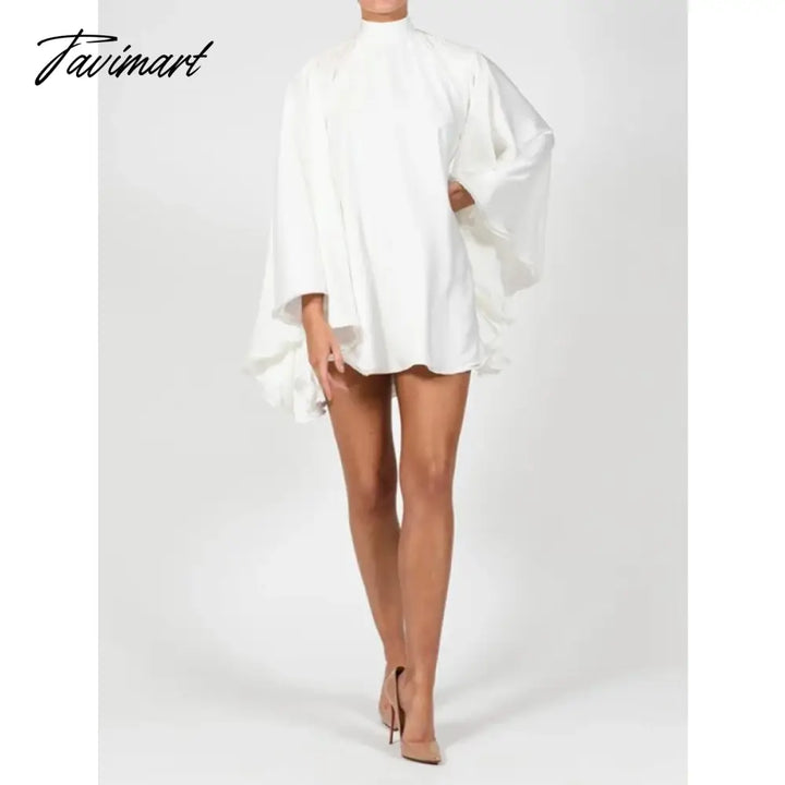 Tavimart Solid Color High Collar Flared Sleeves Backless Sexy Mini Dress For Women Summer Casual