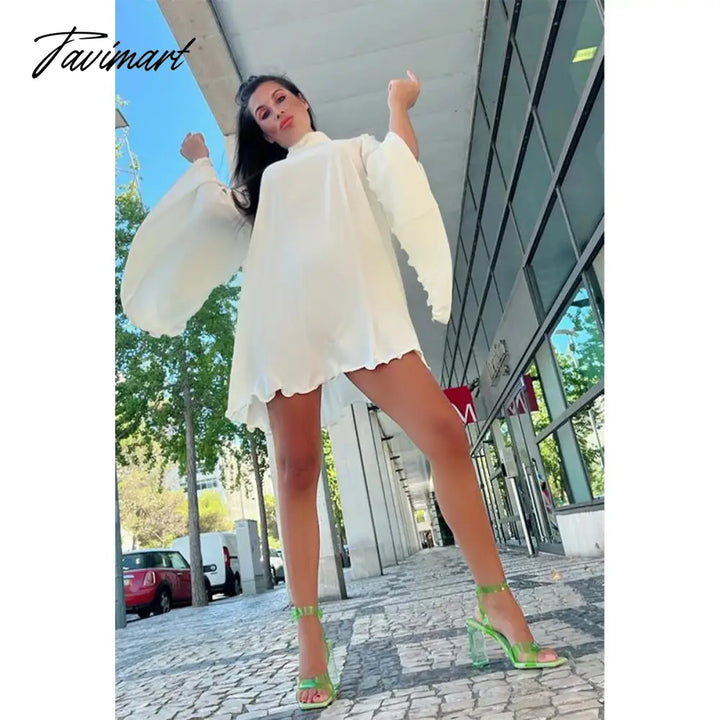 Tavimart Solid Color High Collar Flared Sleeves Backless Sexy Mini Dress For Women Summer Casual