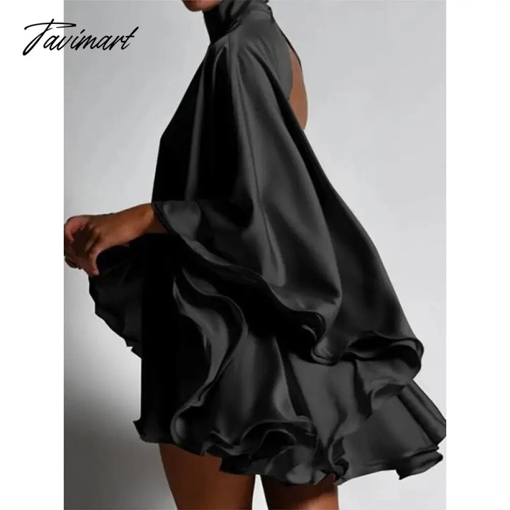 Tavimart Solid Color High Collar Flared Sleeves Backless Sexy Mini Dress For Women Summer Casual