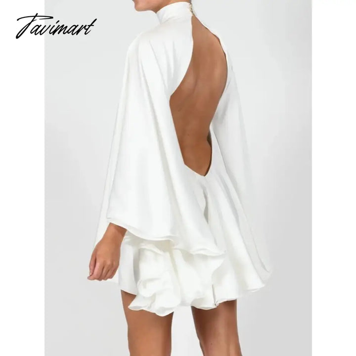 Tavimart Solid Color High Collar Flared Sleeves Backless Sexy Mini Dress For Women Summer Casual