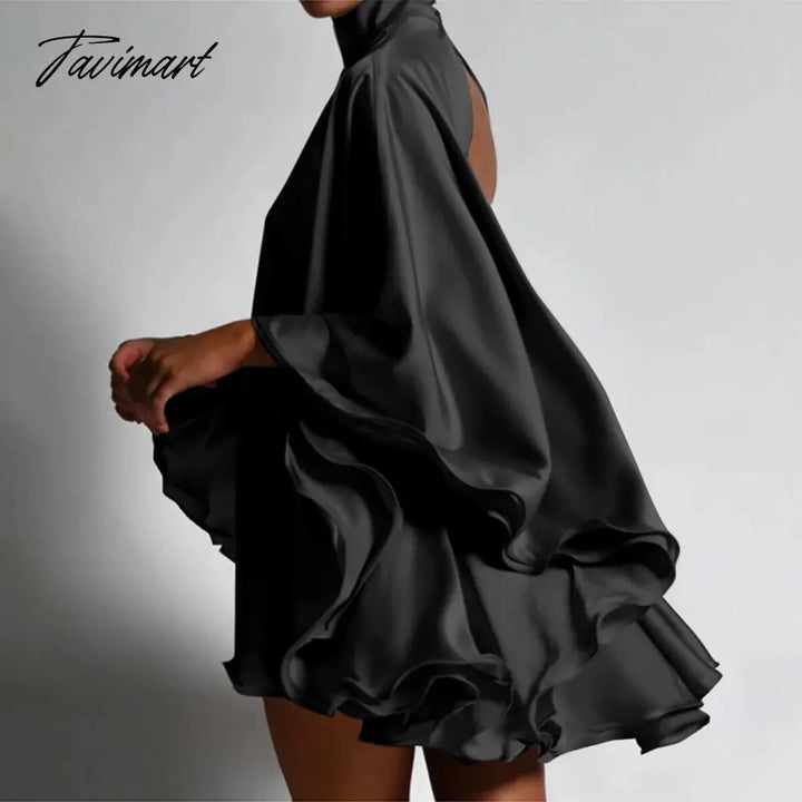 Tavimart Solid Color High Collar Flared Sleeves Backless Sexy Mini Dress For Women Summer Casual