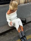 Tavimart Solid Elegant Off Shoulder Women Knitted Midi Dress Fashion Long Sleeve Bodycon Dresses