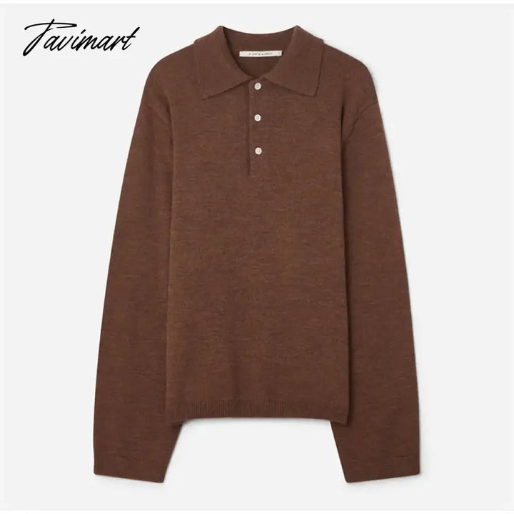 Tavimart Solid Knit Lapel Button V - Neck Women Fashion Jumper Long Sleeve Loose Oversizes Basic