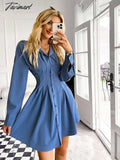 Tavimart Solid Long Sleeve Mini Shirts Dress For Women Casual V - Neck High Waist Single Breasted