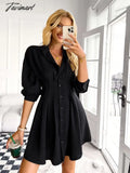 Tavimart Solid Long Sleeve Mini Shirts Dress For Women Casual V - Neck High Waist Single Breasted