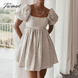 Tavimart Solid Sexy Mini Dress Puff Sleeve Square Collar A - Line Folds White Fashion Women’s