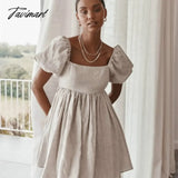 Tavimart Solid Sexy Mini Dress Puff Sleeve Square Collar A - Line Folds White Fashion Women’s