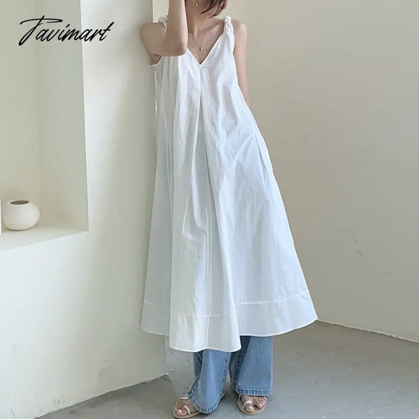 Tavimart Solid Simple Low V - Neck Summer Dress Women Large Swing Loose Dresses Wide Strap