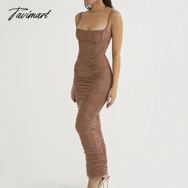 Tavimart Solid Skinny Ruched Pencil Dresses Women Elegant Sleeveless Bandage Party Club Maxi Dress