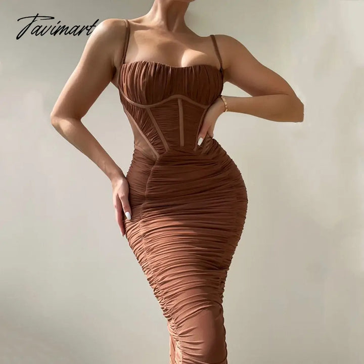 Tavimart Solid Skinny Ruched Pencil Dresses Women Elegant Sleeveless Bandage Party Club Maxi Dress