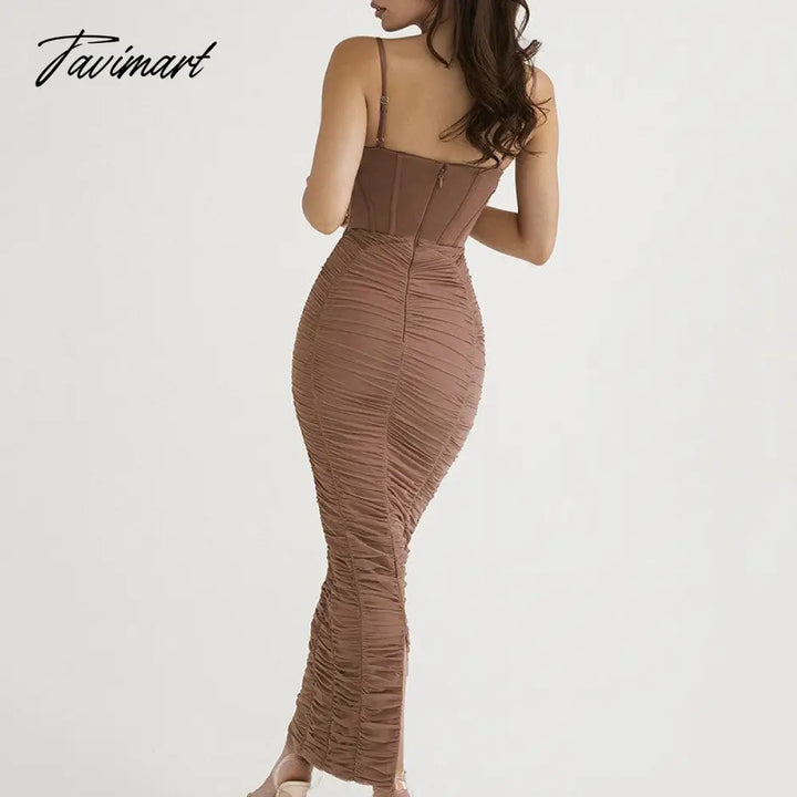 Tavimart Solid Skinny Ruched Pencil Dresses Women Elegant Sleeveless Bandage Party Club Maxi Dress