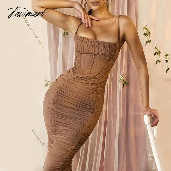 Tavimart Solid Skinny Ruched Pencil Dresses Women Elegant Sleeveless Bandage Party Club Maxi Dress