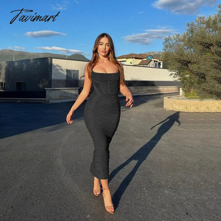 Tavimart Solid Skinny Ruched Pencil Dresses Women Elegant Sleeveless Bandage Party Club Maxi Dress