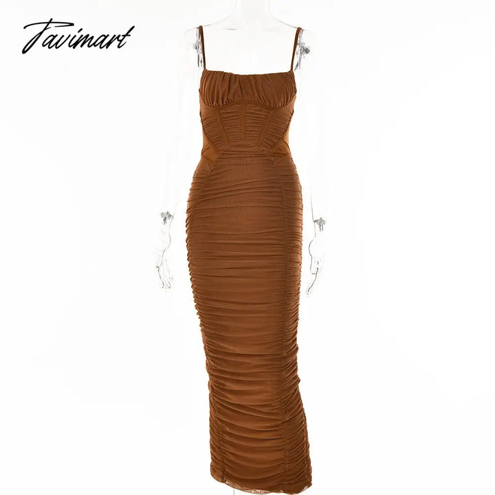 Tavimart Solid Skinny Ruched Pencil Dresses Women Elegant Sleeveless Bandage Party Club Maxi Dress