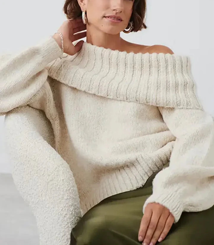 Tavimart Solid Slash Neck Knit Pullover For Women Fashion Off Shoulder Long Sleeve Sweater Autumn