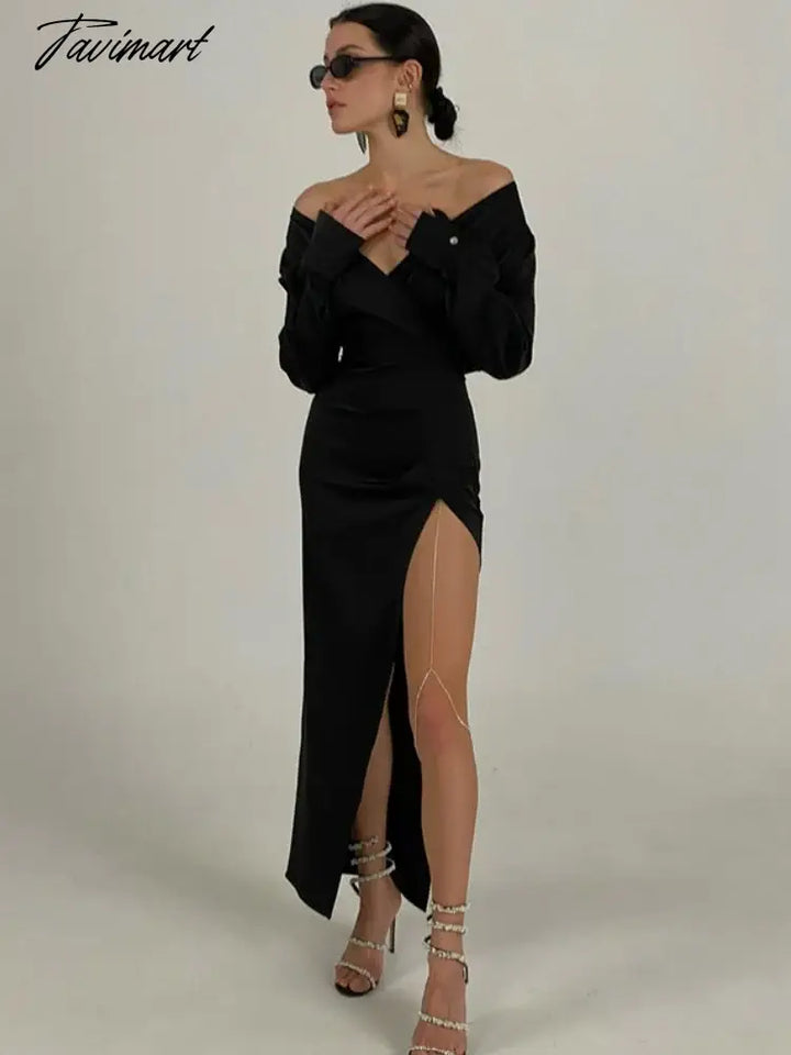 Tavimart Solid Split Long Dress For Women Clothing Sleeve Vestidos Elegantes Para Mujer V - Neck
