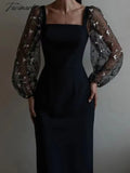 Tavimart Spring Autumn New Fashion Embroidery Tulle Slim Fit Mid Dress Lantern Sleeve Square Collar