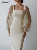 Tavimart Spring Autumn New Fashion Embroidery Tulle Slim Fit Mid Dress Lantern Sleeve Square Collar