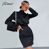 Tavimart Spring French Satin Dress Sexy Black Bodycon Party Backless Long Sleeve Celebrity Club