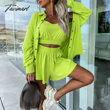 Tavimart Spring Loose Women Shorts Suit Female Solid Coat + Vest + Pocket Outfits New Casual