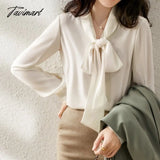 Tavimart Spring New Chiffon Top And Bottom Shirt Loose Lace - Up Long Sleeve Blouse White / S