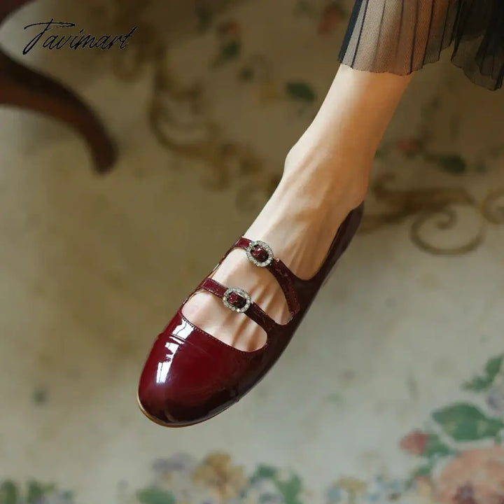 Tavimart - Spring New Round Toe Split Genuine Leather Mary Jane Shoes Women’s Rhinestone Buckle