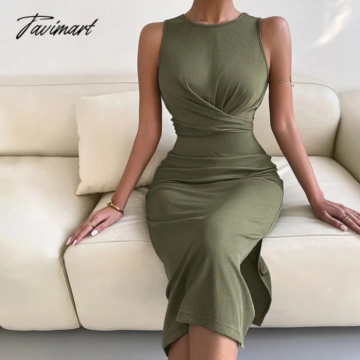 Tavimart Spring Summe Luxury Ladies Knitted Slit Sexy Light Dress Waist Collection Slimming Lady